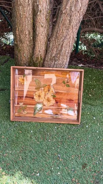 Cadre en bois avec fleurs séchées orange sous verre, posé dans l'herbe contre un tronc d'arbre